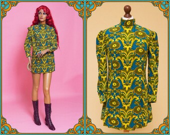 PSYCHEDELIC Acid Victorian hippy hippie 60's colourful patterned micro minidress with juliet sleeves