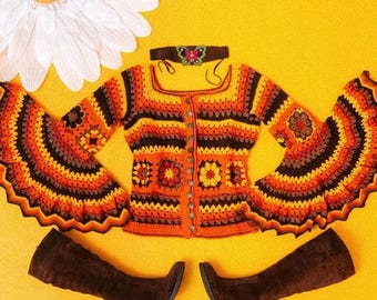 FAR OUT electric orange 70s DREAM bell sleeve crochet blouse. 100% handamade. 60s 70s psychedelic inspired work of art