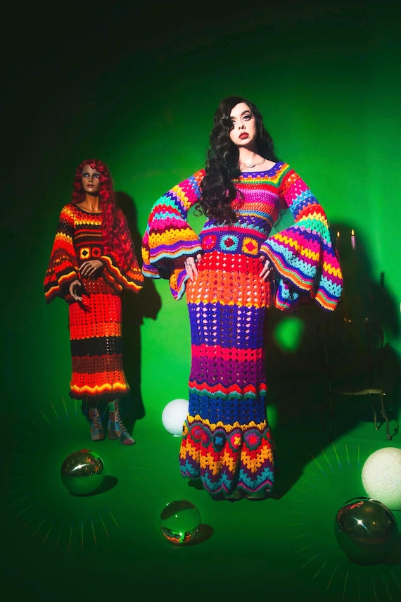 Rainbow crochet mermaid dress. Handmade fantasy gown psychedelic whimsical bell sleeve love witch knitted boho hippie Coachella knitwear