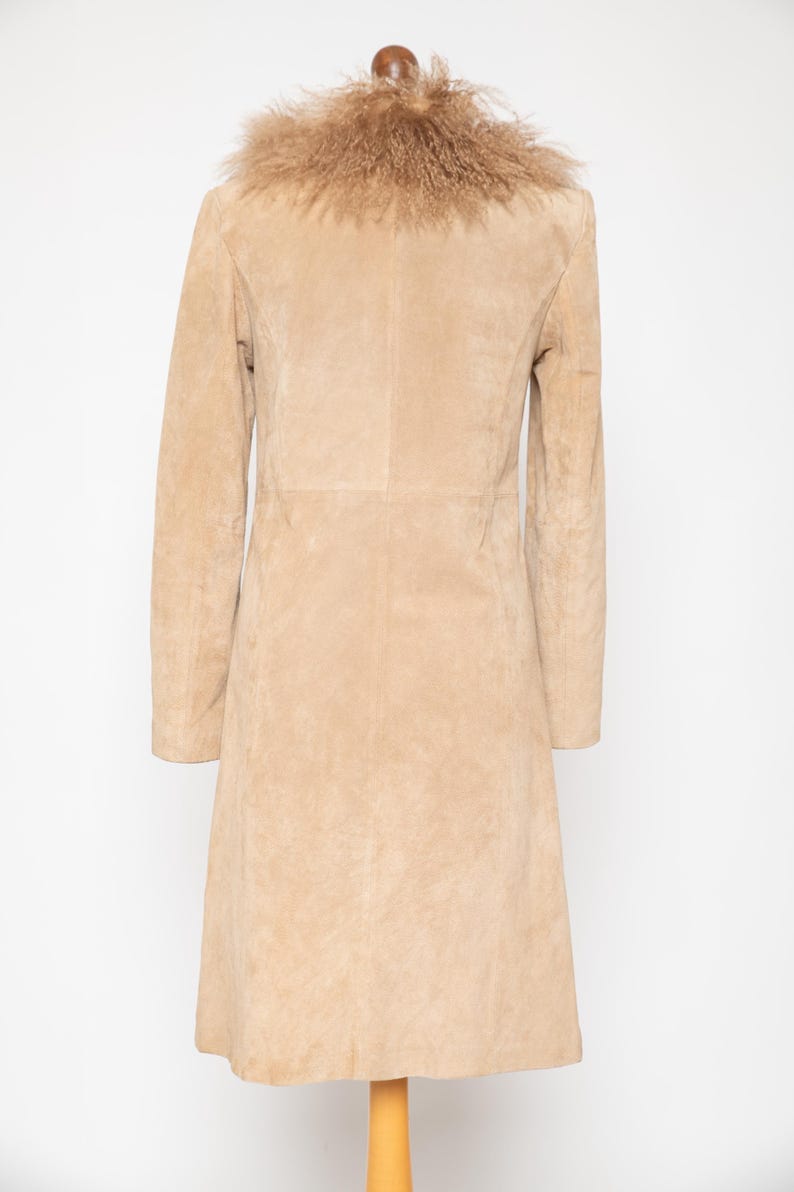Vintage Penny Lane coat beige real curly fluffy llama mongolian fur trim boho hippie afghan spring real suede leather jacket • Size S image 10