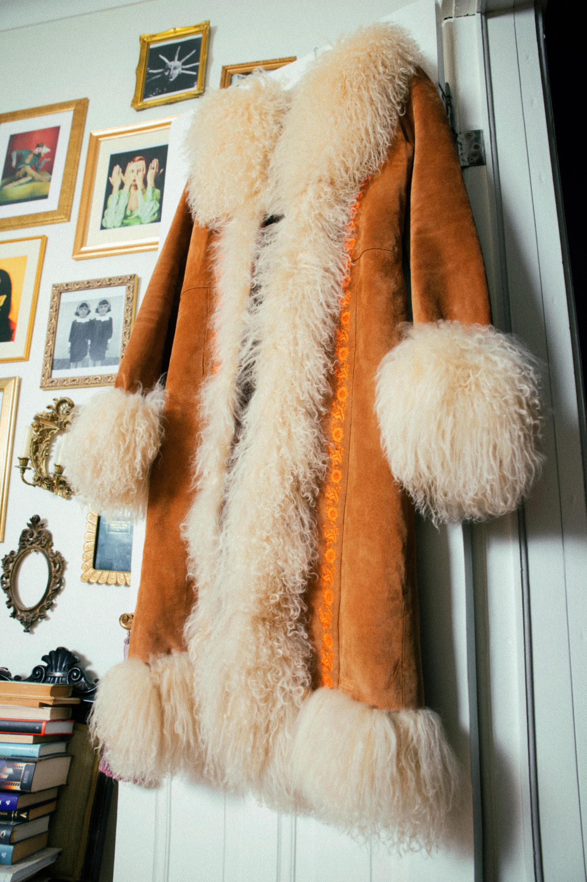 Vintage Penny Lane Coat Real Lama Mongolian Fur Embroidered Suede