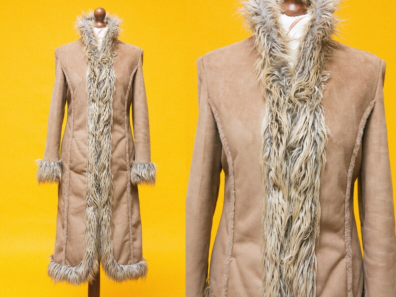 Super groovy & beautiful fluffy vegan faux fur Penny Lane vegan coat. 70s inspired maxi hippie coat. 