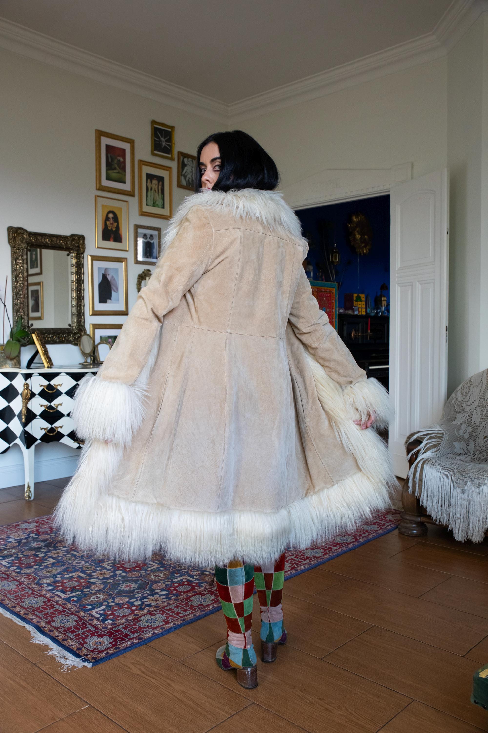 ジャケット・アウター digne shaggy jacket coat ivory Vintage Penny Lane Coat Genuine Leather Jacket Real Llama Lamb Fur