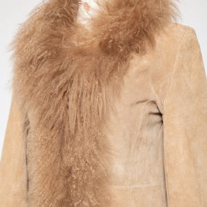 Vintage Penny Lane coat beige real curly fluffy llama mongolian fur trim boho hippie afghan spring real suede leather jacket • Size S image 7
