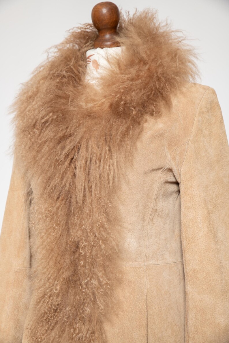 Vintage Penny Lane coat beige real curly fluffy llama mongolian fur trim boho hippie afghan spring real suede leather jacket • Size S image 7