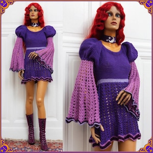 Spectacular 60s 70s Go Go mini dress. Huge poet bell sleeves. Handmade The Love Witch psych mod knit dress. Handmade one of a kind dress