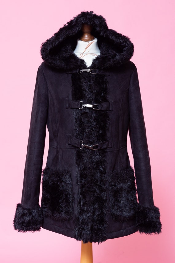 Vintage faux lamb fur vegan coat with hood. Y2k s… - image 2