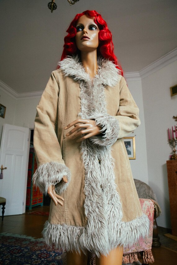 Vintage 1970s Style Corduroy Coat: Vegan Faux Fur Afghan Trim