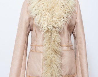 Penny Lane coat 1970's style Almost Famous faux suede real mongolian llama fur shaggy natural fur trim boho afghan hippie jacket. Sz M