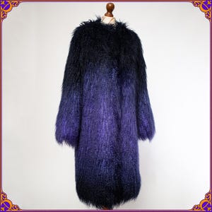 Mega fluffy 70s style STUDIO 54 purple faux mongolian tibetan lamb fur coat. So glamorous! Shaggy vegan jacket. 70s shag coat. Free size