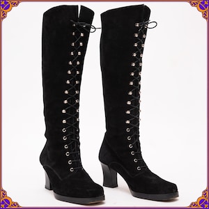 RARE Vintage Authentic 60s Black Suede Lace Up Knee High Go-Go Boots. Mod Penny Lane Boots. Victorian Knee Boots. The love witch boots US 5