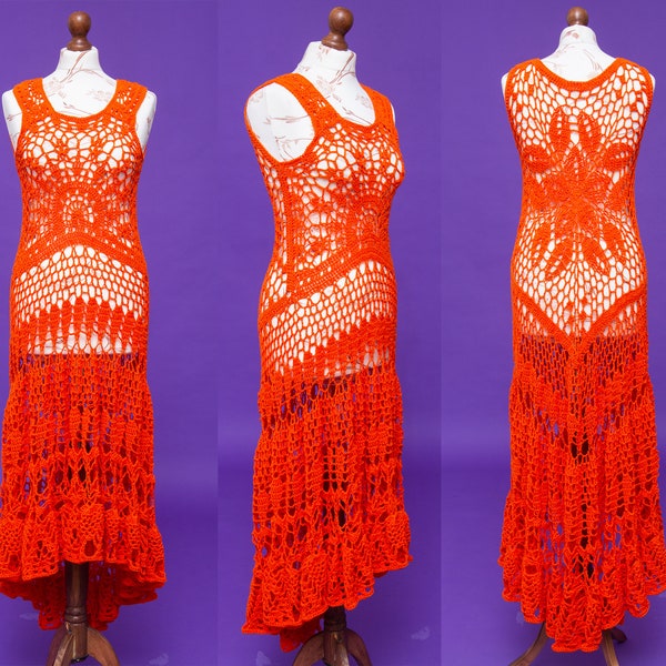The most beautiful 70s inspired electric orange hand knitted maxi dress. Sooo dreamy