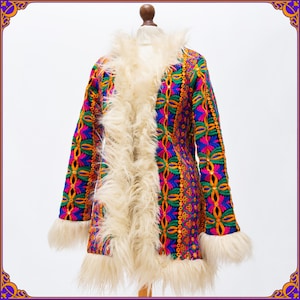 SPECTACULAR one of a kind colorful Indian faux fur coat with bright embroidery & mirrors. Iconic Afghan coat. Penny Lane coat. Size SMALL