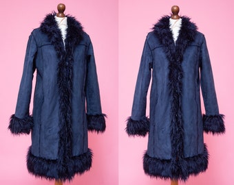 Super groovy 1960s 1970s inspired navy blue faux fur vegan coat. Penny Lane Almost Famous vibes