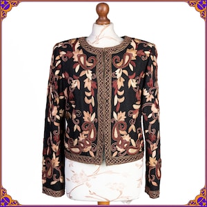 AMAZING vintage Laurence Kazar 100% SILK 80&#39;s embellished jacket with beads, multicolored thread embroidery and jewels. Size M