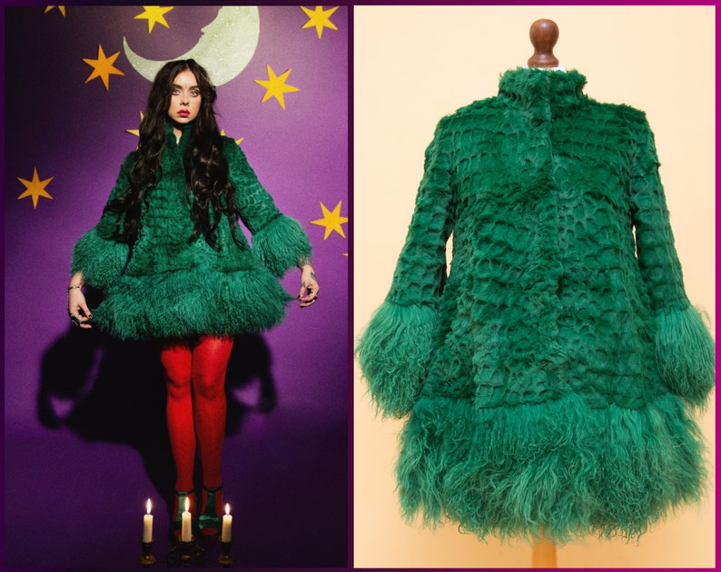 ABSOLUTELY LUXURIOUS green rabbit fur coat with dramatic real mongolian tibetan fur trim. So incredibly rare & beautiful!!! 