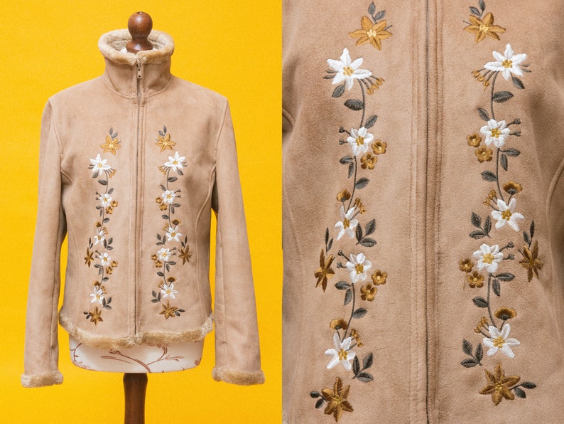 Wonderful 1960s 1970s inspired embroidered vegan suede jacket image 1