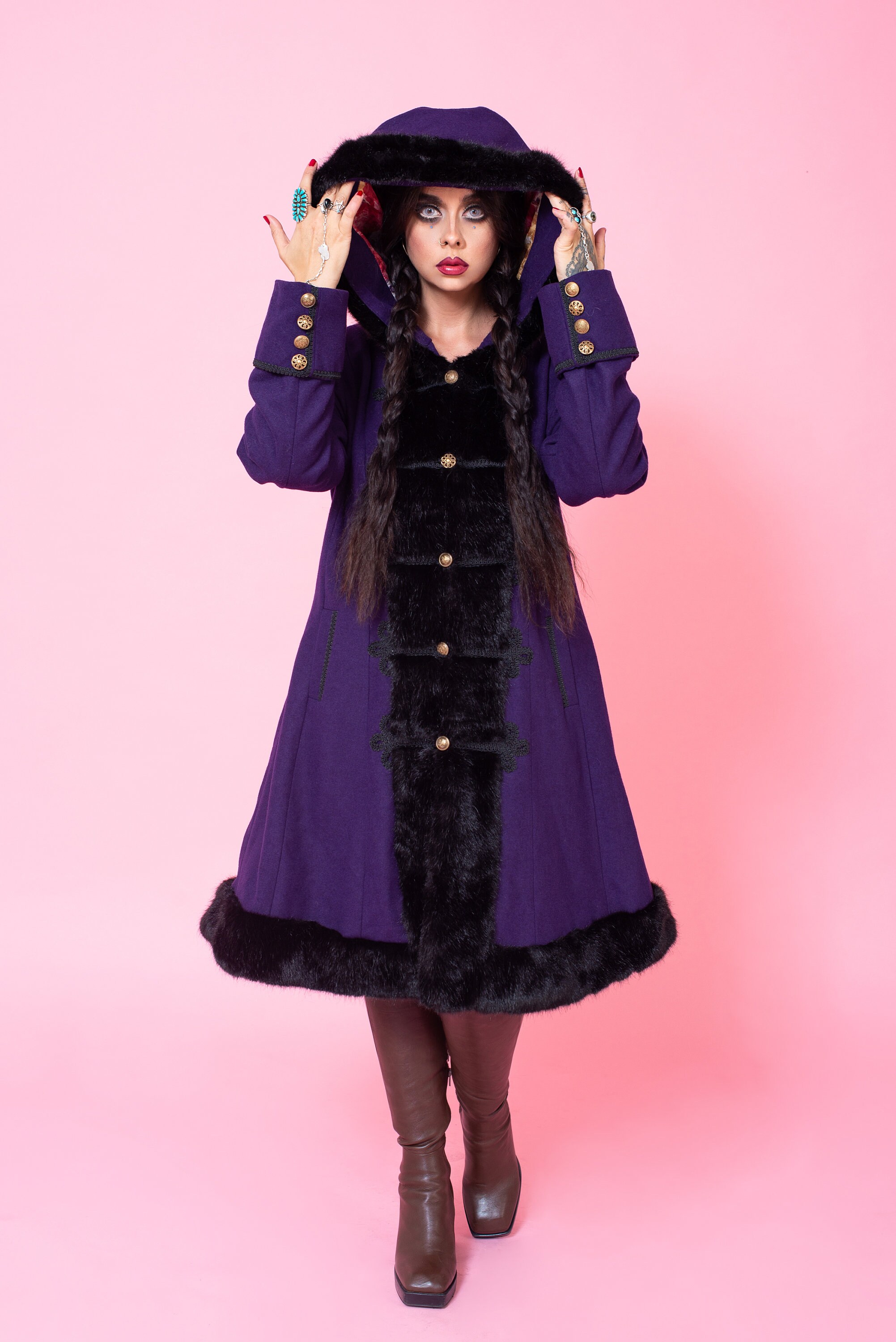 Vintage Hooded Wool Swing Coat With Hood Retro Purple Faux Fur