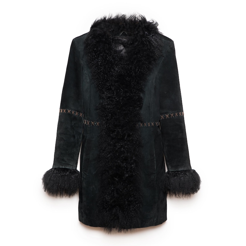 Vintage fur coat Penny Lane 70s retro black fluffy real llama mongolian fur trim boho hippie afghan whimsigoth suede leather jacket. Size M image 3