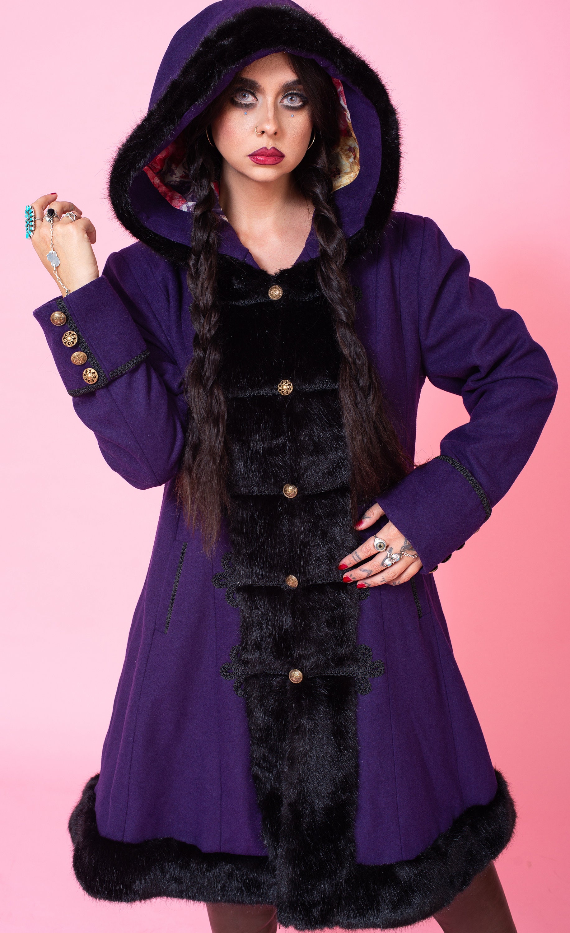 カナダ製 80s JS COLLECTIONS ベルベット ロング コート XL Vintage Hooded Wool Swing Coat With Hood Retro Purple Faux Fur
