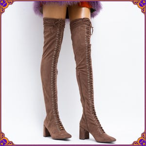 Fabulous boho chic vegan suede tight-high over the knee lace-up boots. Hippie Festival Retro 60s 70s Vibe boots. Size 10