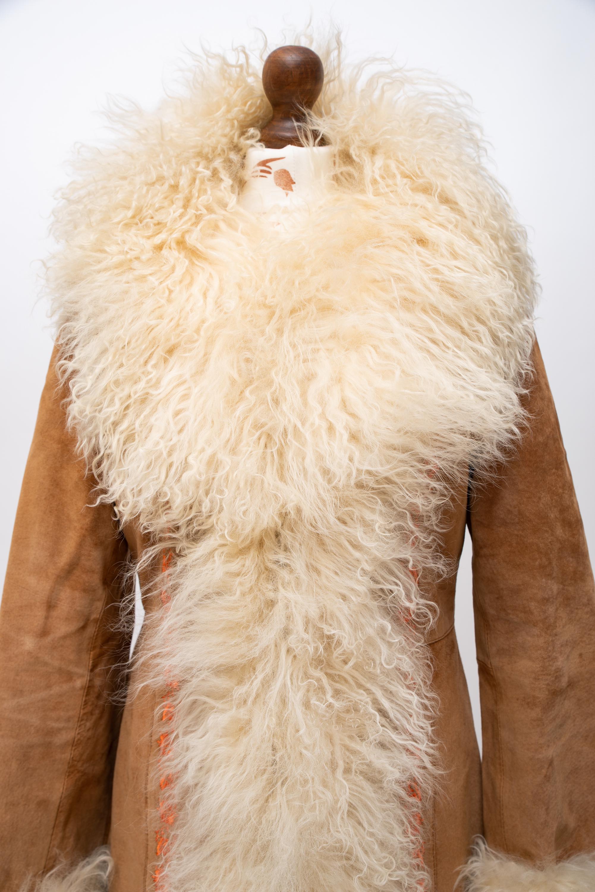 Vintage Penny Lane Coat Real Lama Mongolian Fur Embroidered Suede