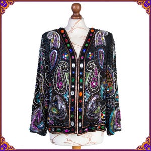 FABULOUS vintage heavily sequined rainbow embellished jacket. 100% silk sequin paisley beaded coat. Vintage sequined jacket. Size M