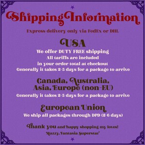 May include: A purple graphic with the words "Shipping Information" in a decorative font. Text below details shipping to the USA, Canada, Australia, Asia, Europe, and the European Union, with delivery times.
