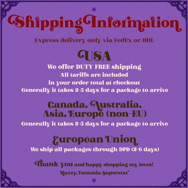 May include: A purple graphic with the words "Shipping Information" in a decorative font. Text below details shipping to the USA, Canada, Australia, Asia, Europe, and the European Union, with delivery times.