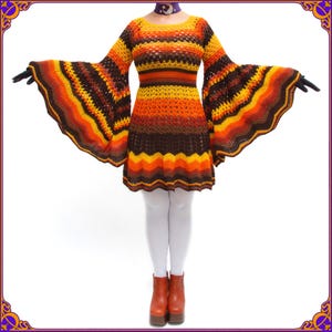 FAR OUT 60s 70s electric orange &quot;M A R I J K E - 70s DREAM&quot; bell sleeve crochet dress. One of a kind 100% handamade dress. Retro mod dress.