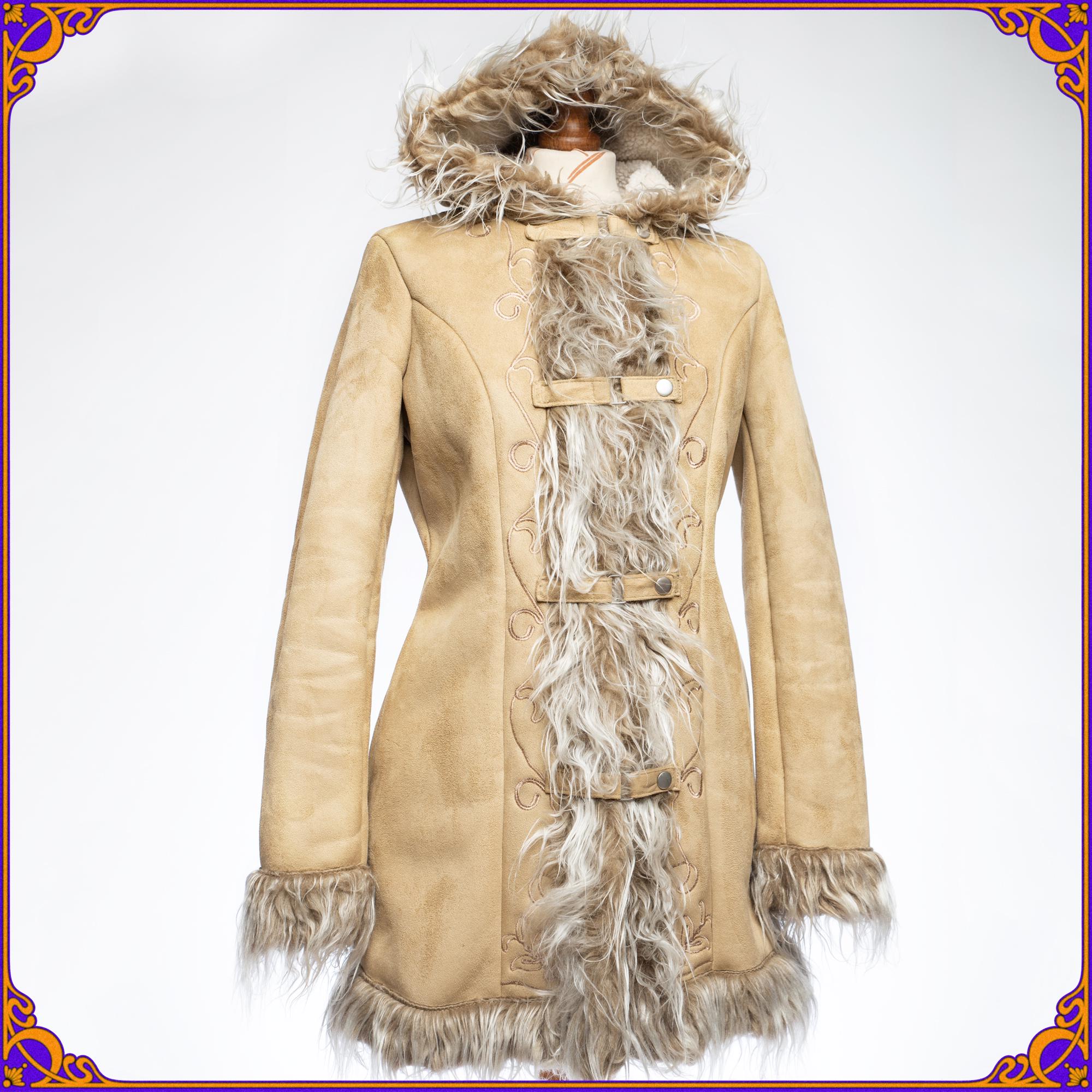 Retro Faux Fur Coat With Hood Y2k Floral Embroidered Pattern 2000s