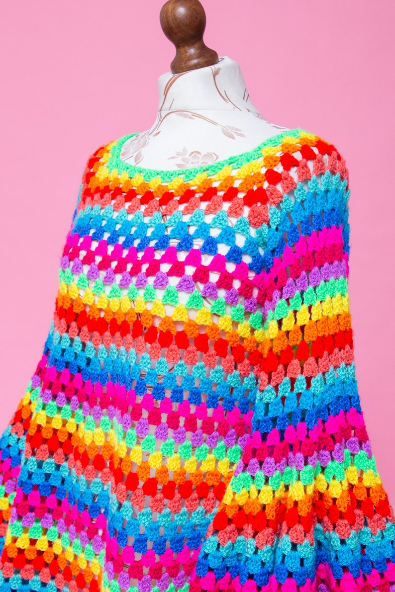 Magical psychedelic FANTASIA NEON 1970s inspired psych mod rainbow bell sleeve crochet dress. image 5