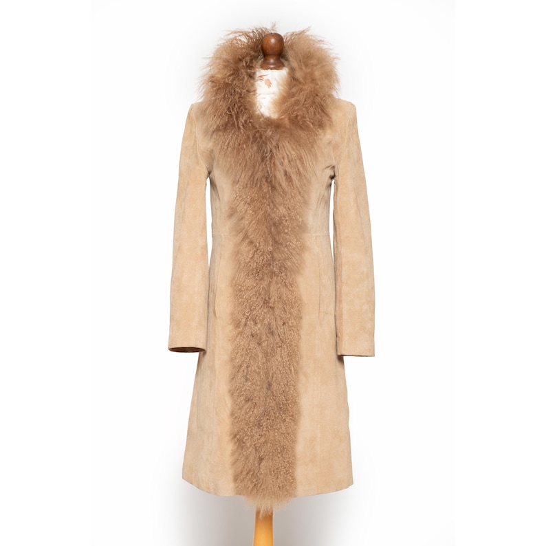 Vintage Penny Lane coat beige real curly fluffy llama mongolian fur trim boho hippie afghan spring real suede leather jacket • Size S image 1