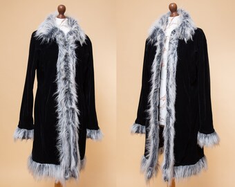 Gorgeous! Black velvet & faux fur vegan coat. Penny Lane style shaggy hippie jacket. Y2k coat