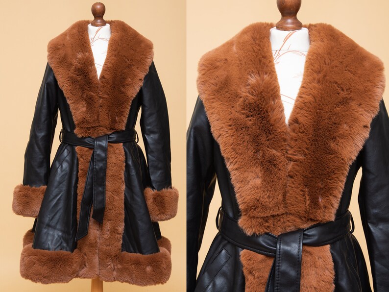 ABSOLUTELY SPECTACULAR 70s inspired faux fur & fake leather princess coat with belt.  60s 70s style vegan coat 