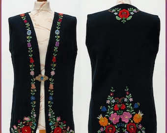 1960s Hand Embroidered Wool Vest: Vintage Folk Art to Wear, Size M