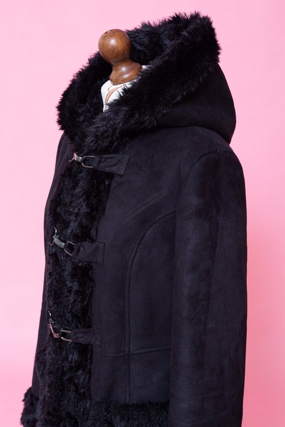 Vintage faux lamb fur vegan coat with hood. Y2k s… - image 5