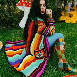 Multicolor stripped crochet cardigan rainbow patchwork sweater granny square duster crocheted coat festival hippie boho psychedelic jacket