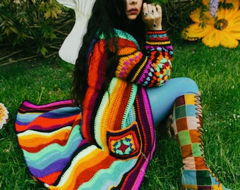 Multicolor stripped crochet cardigan rainbow patchwork sweater granny square duster crocheted coat festival hippie boho psychedelic jacket