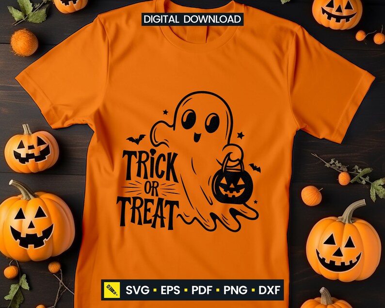May include: Orange t-shirt with a black graphic of a friendly ghost holding a jack-o'-lantern bucket. The text "Trick or Treat" is below the ghost. The shirt is surrounded by carved pumpkins and small orange gourds, perfect for Halloween.