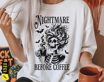 SVG de Pesadilla antes del café: Esqueleto divertido de Halloween, PNG de otoño (descarga digital)