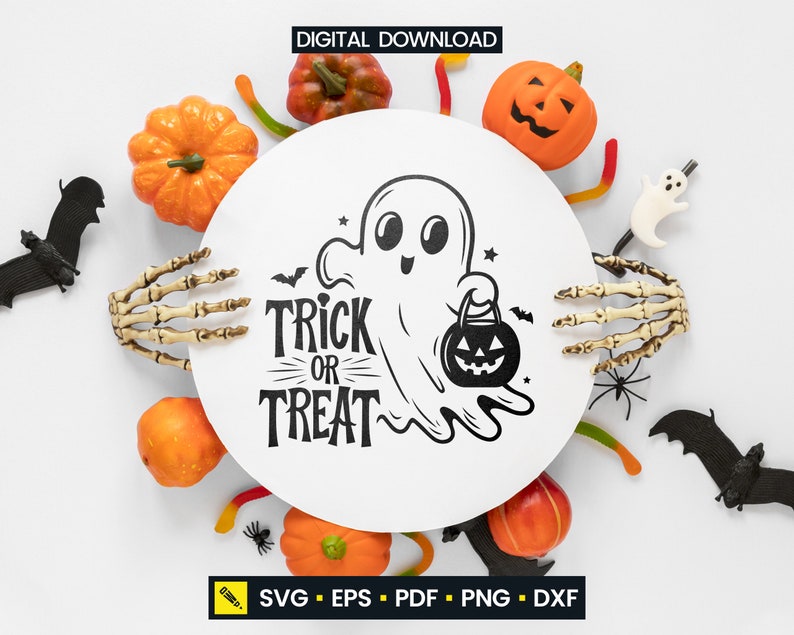 May include: A Halloween-themed digital download design featuring a smiling ghost holding a jack-o'-lantern bucket, with the words "Trick or Treat." The design is surrounded by pumpkins, bats, spiders, and a skeleton hand.