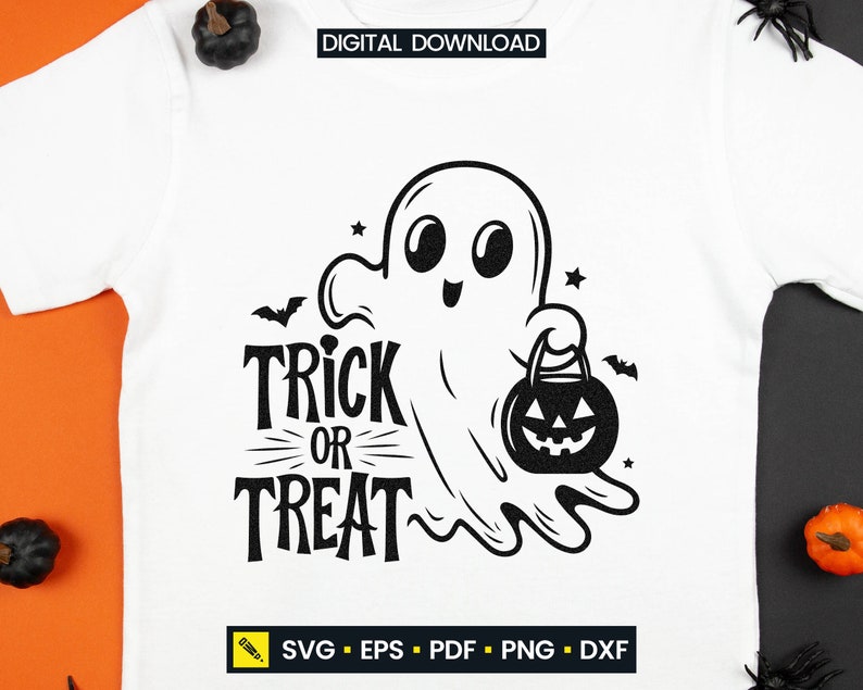 May include: White t-shirt featuring a black graphic of a friendly ghost holding a pumpkin-shaped treat bag. The words "Trick or Treat" are written in a bold, stylized font. Includes the text "DIGITAL DOWNLOAD" and file type icons.