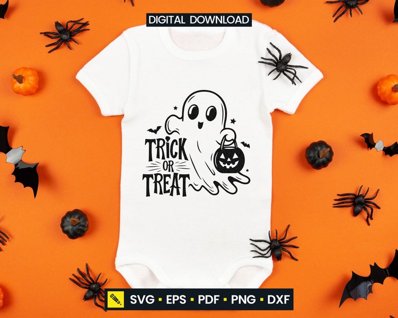 May include: White baby bodysuit with a black graphic of a friendly ghost holding a jack-o'-lantern and the words "Trick or Treat." The bodysuit is surrounded by Halloween decorations, including spiders, pumpkins, and bats.