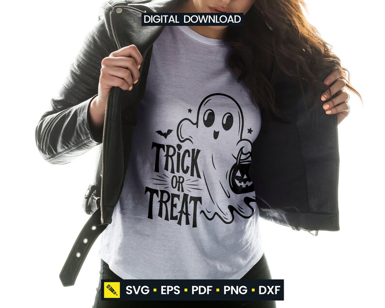 May include: A white t-shirt with a black graphic of a friendly ghost holding a jack-o'-lantern and the words "Trick or Treat". The shirt is worn under a black leather jacket. The words "Digital Download" are at the top.