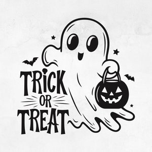 May include: A black and white Halloween-themed graphic featuring a friendly ghost holding a jack-o'-lantern bucket. The words "Trick or Treat" are prominently displayed. Bats and stars complete the design, perfect for spooky season.