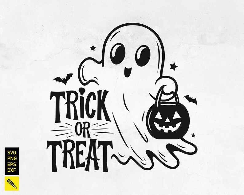 May include: A black and white Halloween-themed graphic featuring a friendly ghost holding a jack-o'-lantern bucket. The words "Trick or Treat" are prominently displayed. Bats and stars complete the design, perfect for spooky season.