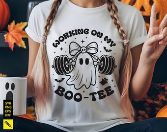 Working on My Boo-Tee SVG, Funny Halloween Fitness Quote, Ghost Workout Design Digital Download