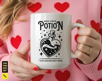 Amor propio de San Valentín SVG, Poción de amor SVG, Motivación de autocuidado SVG, Botella mágica de corazón PNG, Regalo para un amigo Archivo de corte (Descarga digital)