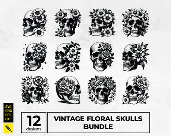 Clipart de calavera floral vintage: paquete de tatuajes góticos PNG SVG (archivos digitales)